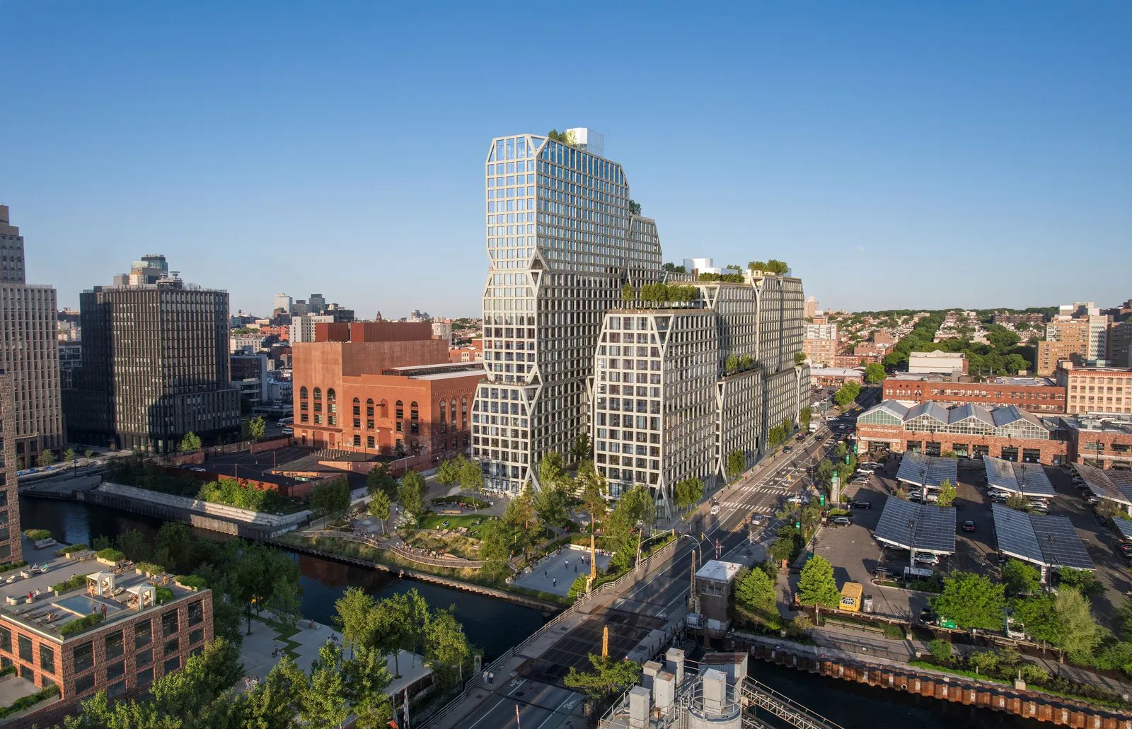 Brooklyn — Gowanus Canal mixed-use development with diamond-lattice exoskeleton facade and waterfront esplanade