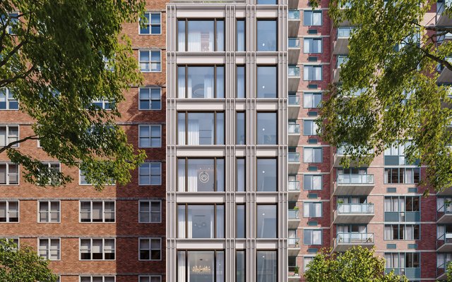 Manhattan — slender mid-rise residential with steel-and-glass facade
