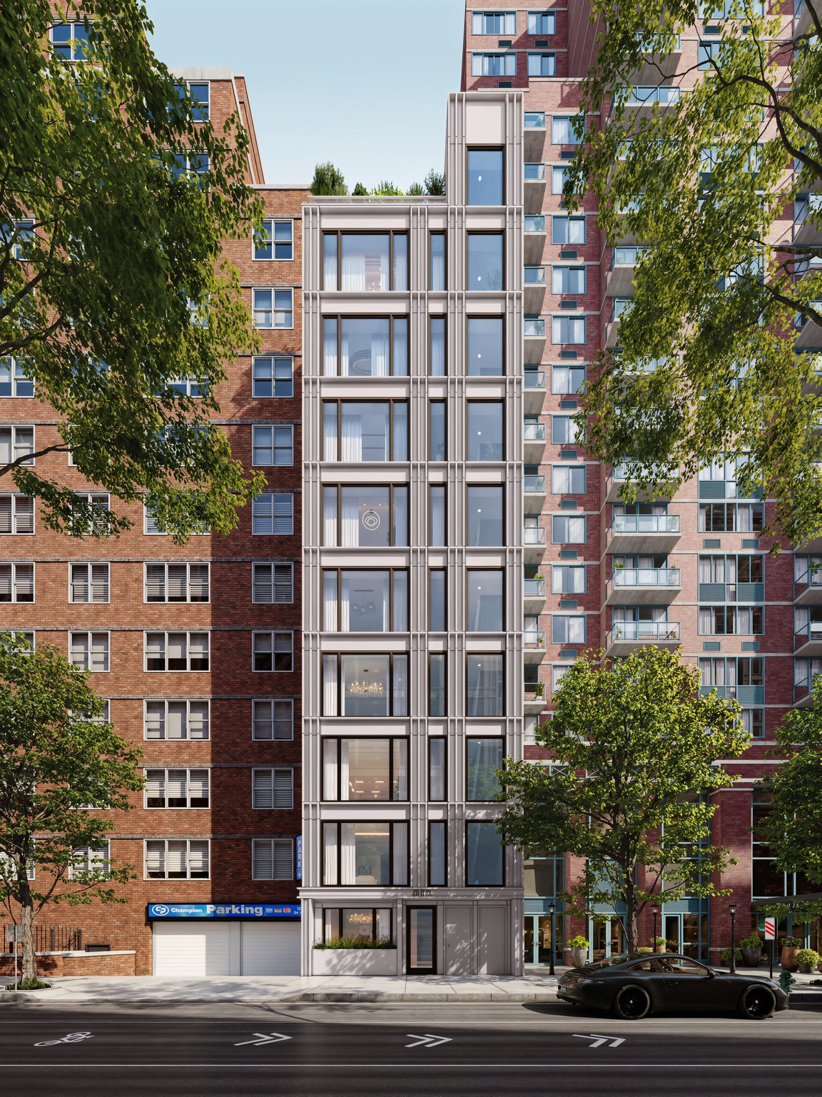 Manhattan — slender 10-story residential building with steel-and-glass facade between two pre-war brick neighbors