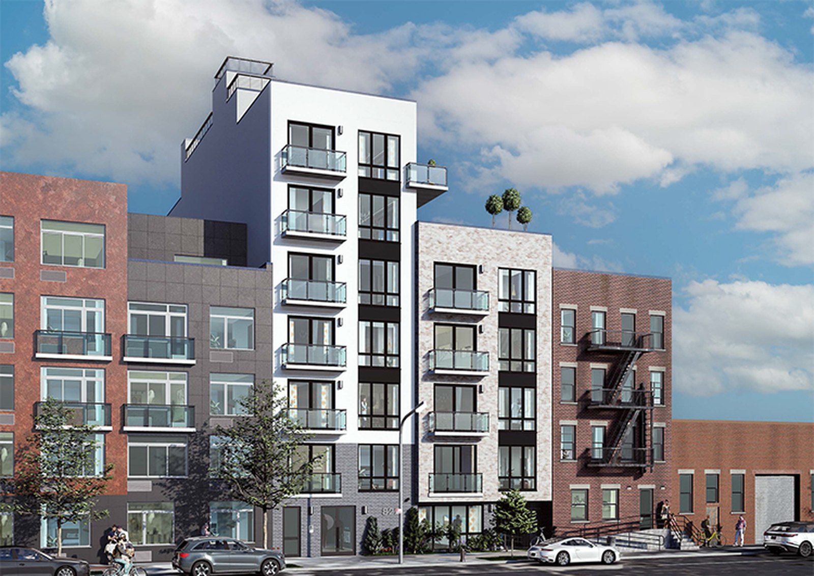 Brooklyn — seven-story infill residential building with white-and-dark-gray facade between existing brick neighbors